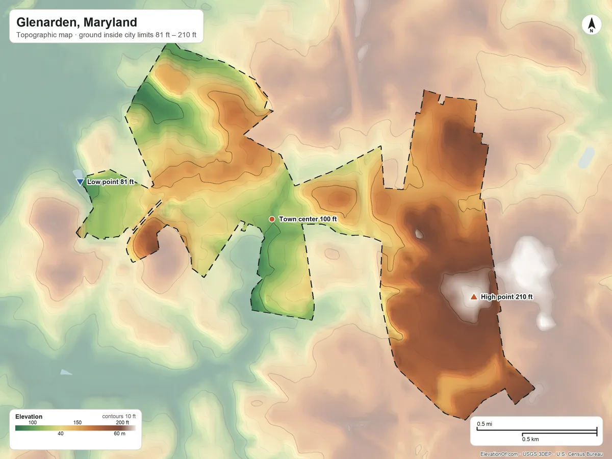 Topographic elevation map of Glenarden, Maryland, shaded from 81 ft on the west side to 210 ft on the east side