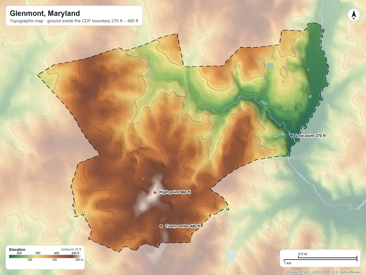 Topographic elevation map of Glenmont, Maryland, shaded from 270 ft on the northeast side to 460 ft near the middle