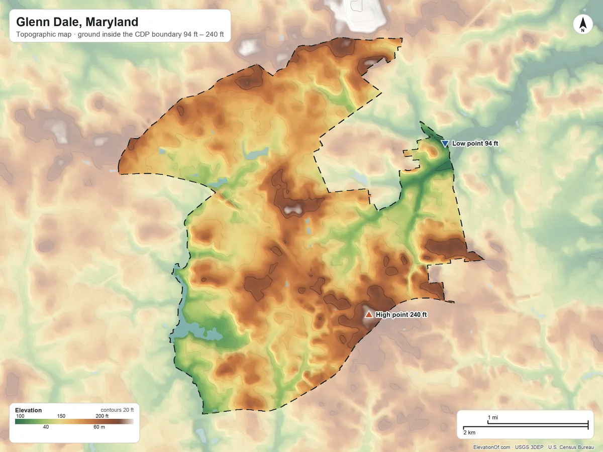 Topographic elevation map of Glenn Dale, Maryland, shaded from 94 ft on the northeast side to 240 ft on the southeast side