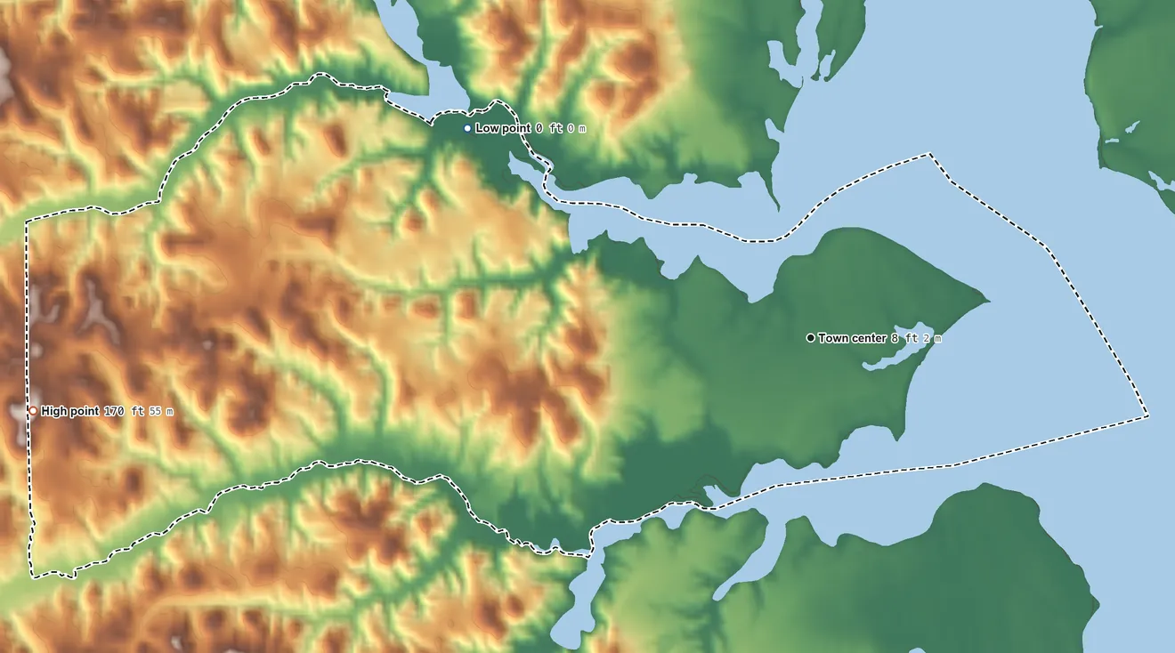 Topographic elevation map of Golden Beach, Maryland, shaded from 0 ft on the northwest side to 170 ft on the west side