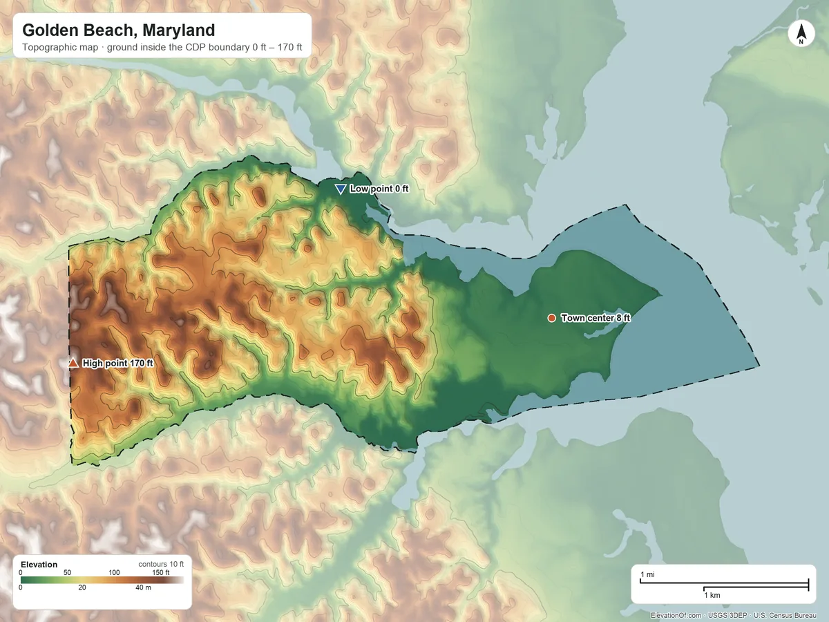 Topographic elevation map of Golden Beach, Maryland, shaded from 0 ft on the northwest side to 170 ft on the west side