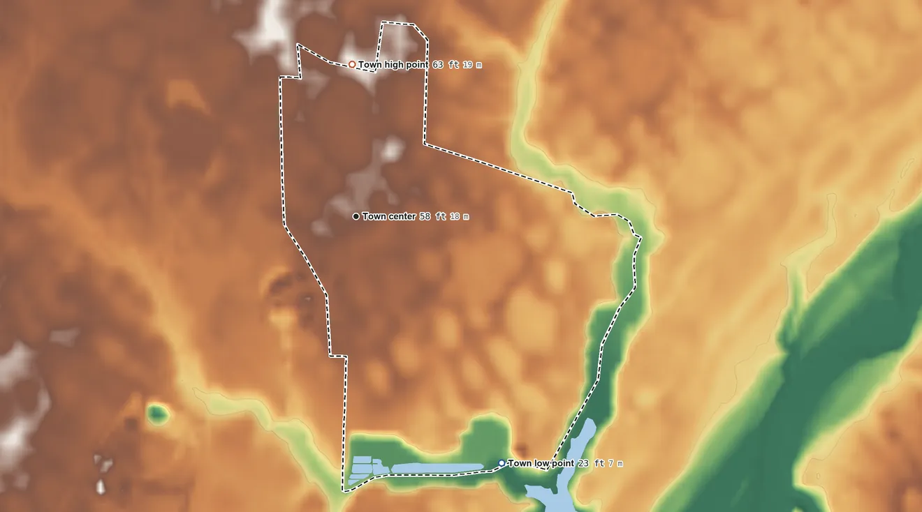 Topographic elevation map of Goldsboro, Maryland, shaded from 23 ft on the southeast side to 63 ft on the north side
