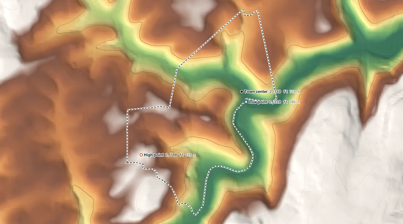 Topographic elevation map of Gorman, Maryland, shaded from 2,310 ft near the middle to 2,700 ft on the southwest side