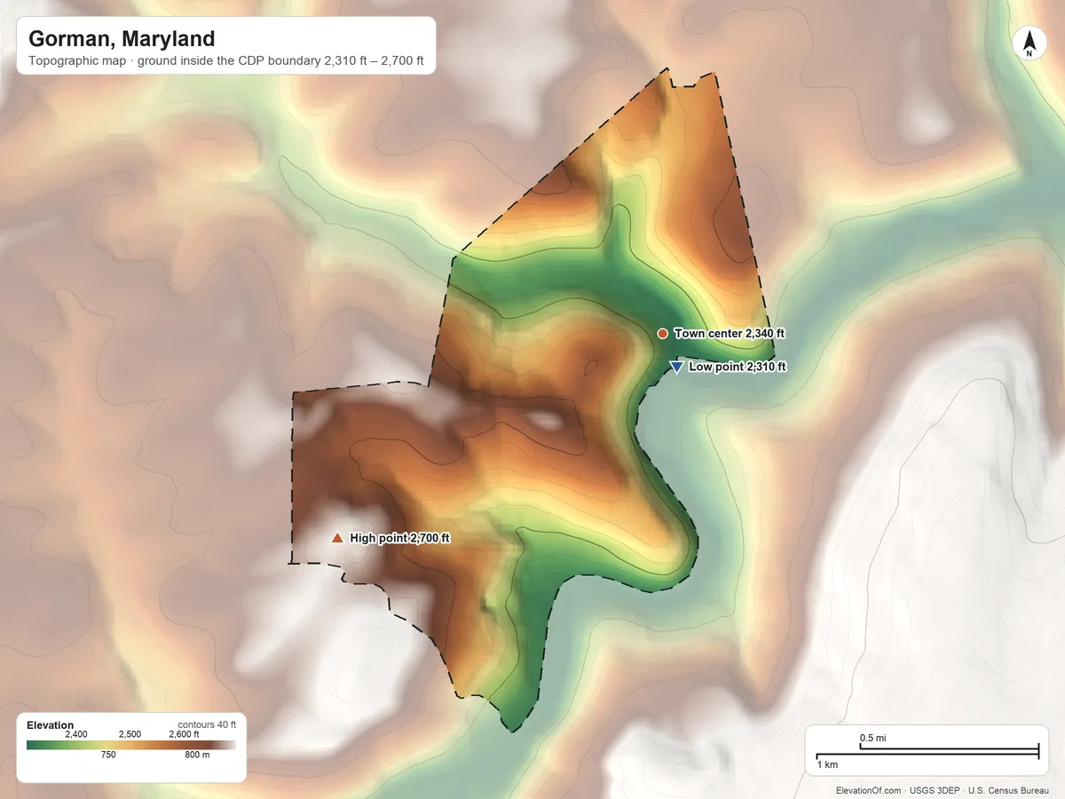 Topographic elevation map of Gorman, Maryland, shaded from 2,310 ft near the middle to 2,700 ft on the southwest side