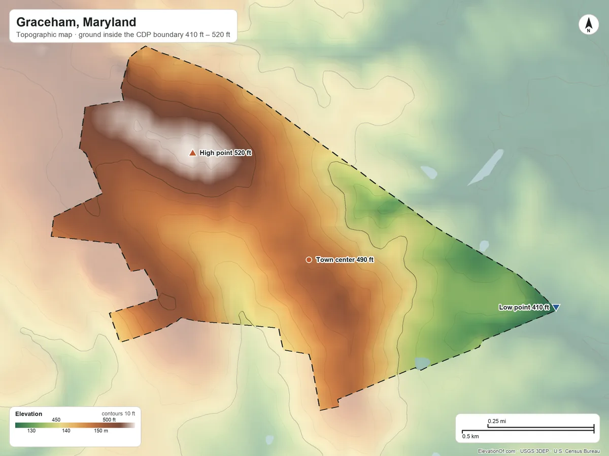 Topographic elevation map of Graceham, Maryland, shaded from 410 ft on the east side to 520 ft on the northwest side