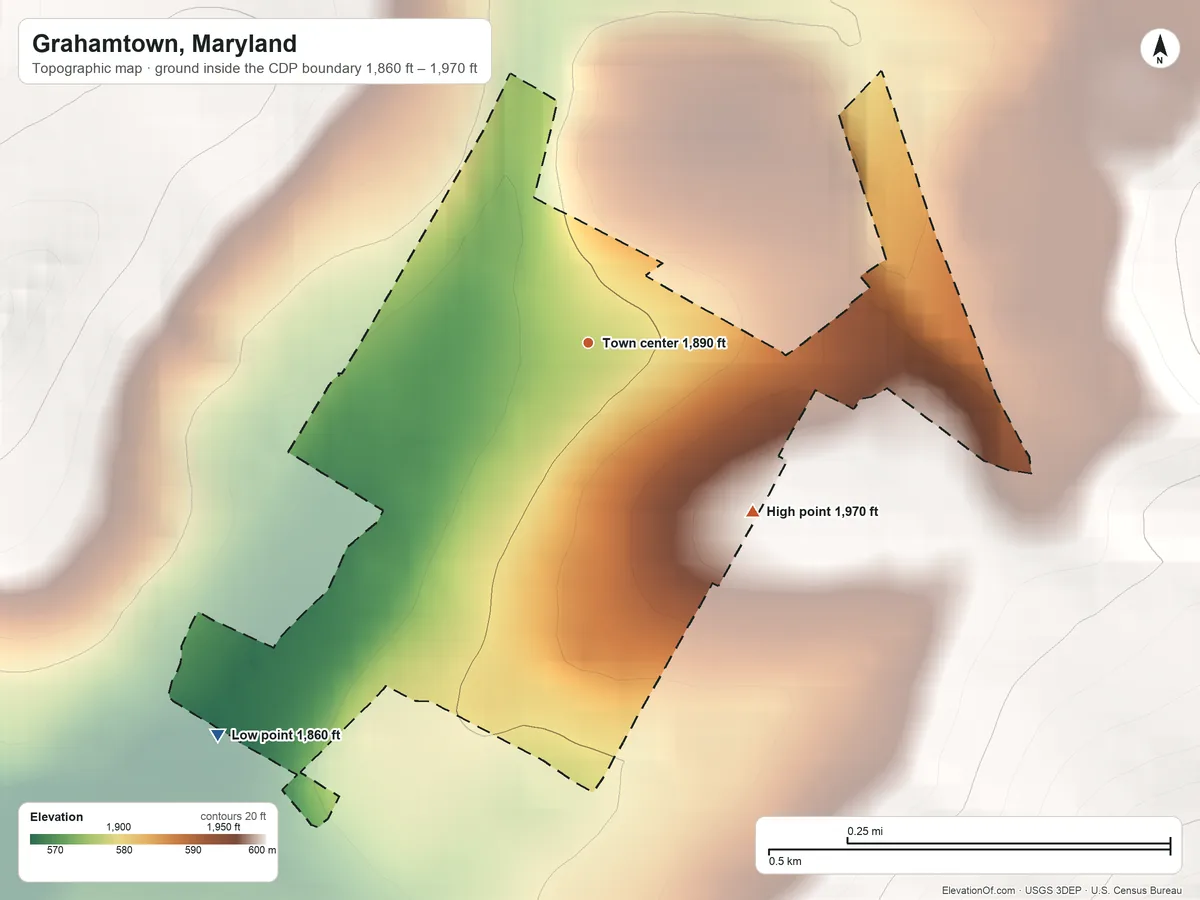 Topographic elevation map of Grahamtown, Maryland, shaded from 1,860 ft on the southwest side to 1,970 ft on the southeast edge, below higher ground just outside