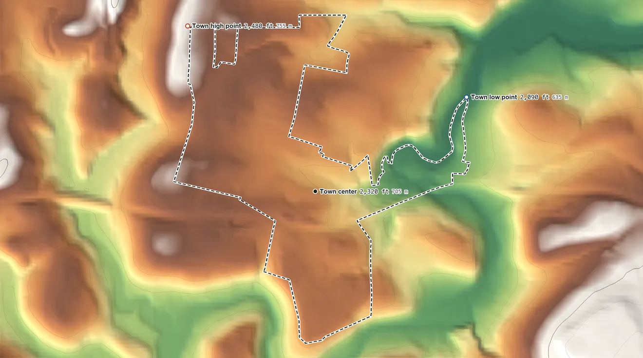 Topographic elevation map of Grantsville, Maryland, shaded from 2,090 ft on the northeast side to 2,480 ft on the northwest edge, below higher ground just outside