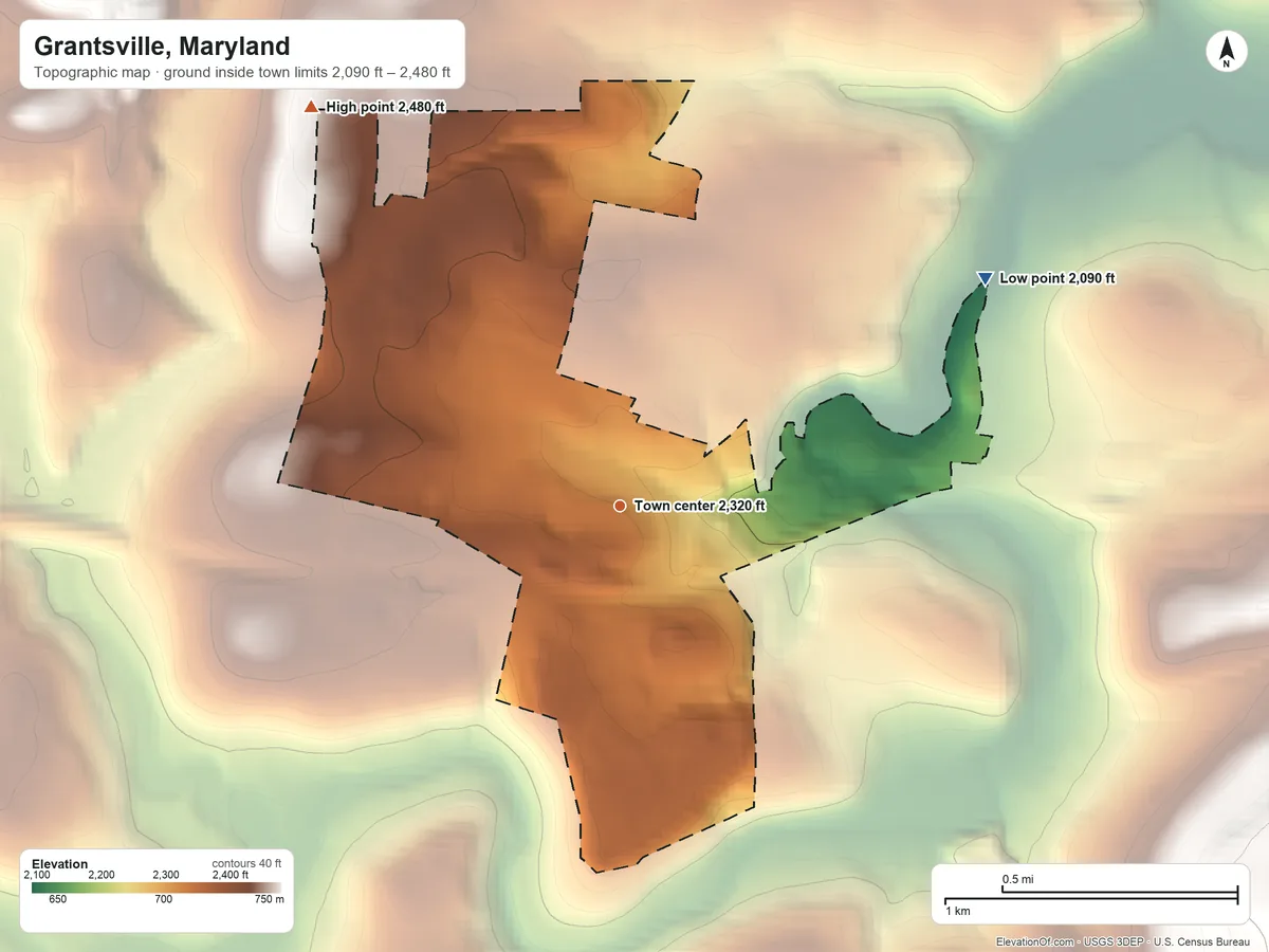 Topographic elevation map of Grantsville, Maryland, shaded from 2,090 ft on the northeast side to 2,480 ft on the northwest edge, below higher ground just outside