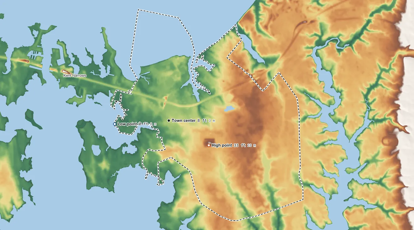 Topographic elevation map of Grasonville, Maryland, shaded from sea level level on Marshy Creek to 33 ft on the southeast side