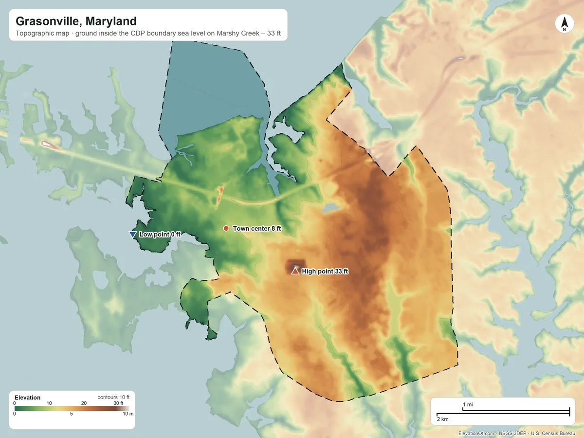 Topographic elevation map of Grasonville, Maryland, shaded from sea level level on Marshy Creek to 33 ft on the southeast side
