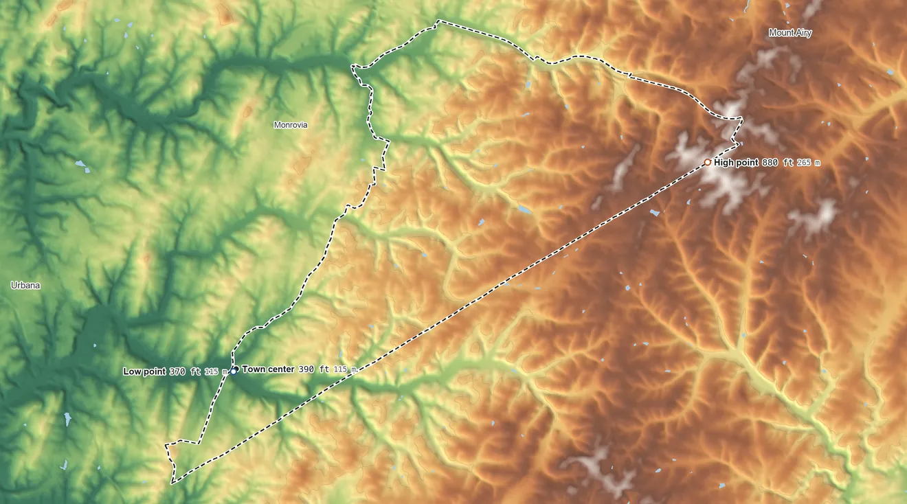 Topographic elevation map of Green Valley, Maryland, shaded from 370 ft near the middle to 880 ft on the northeast side