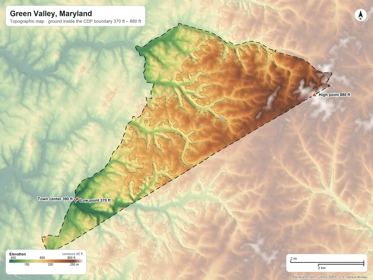 Topographic elevation map of Green Valley, Maryland, shaded from 370 ft near the middle to 880 ft on the northeast side