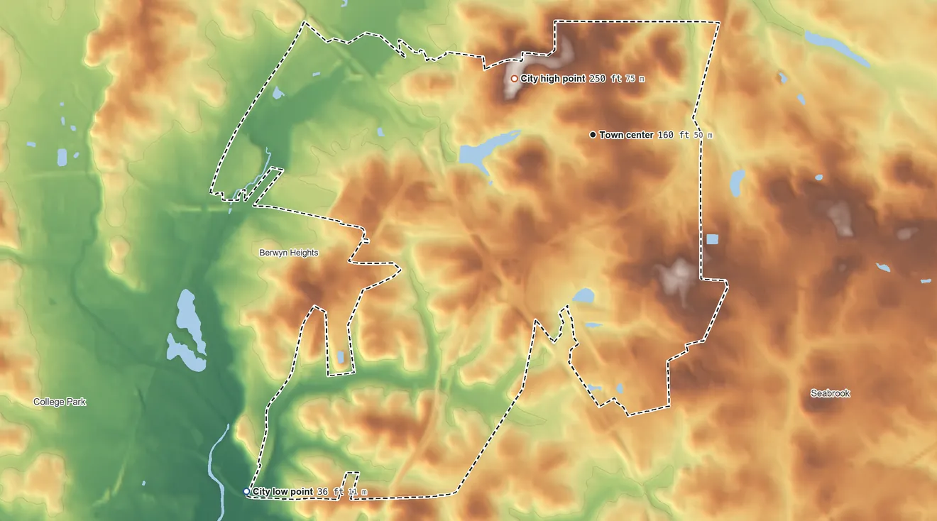Topographic elevation map of Greenbelt, Maryland, shaded from 36 ft on the southwest side to 250 ft on the northwest side