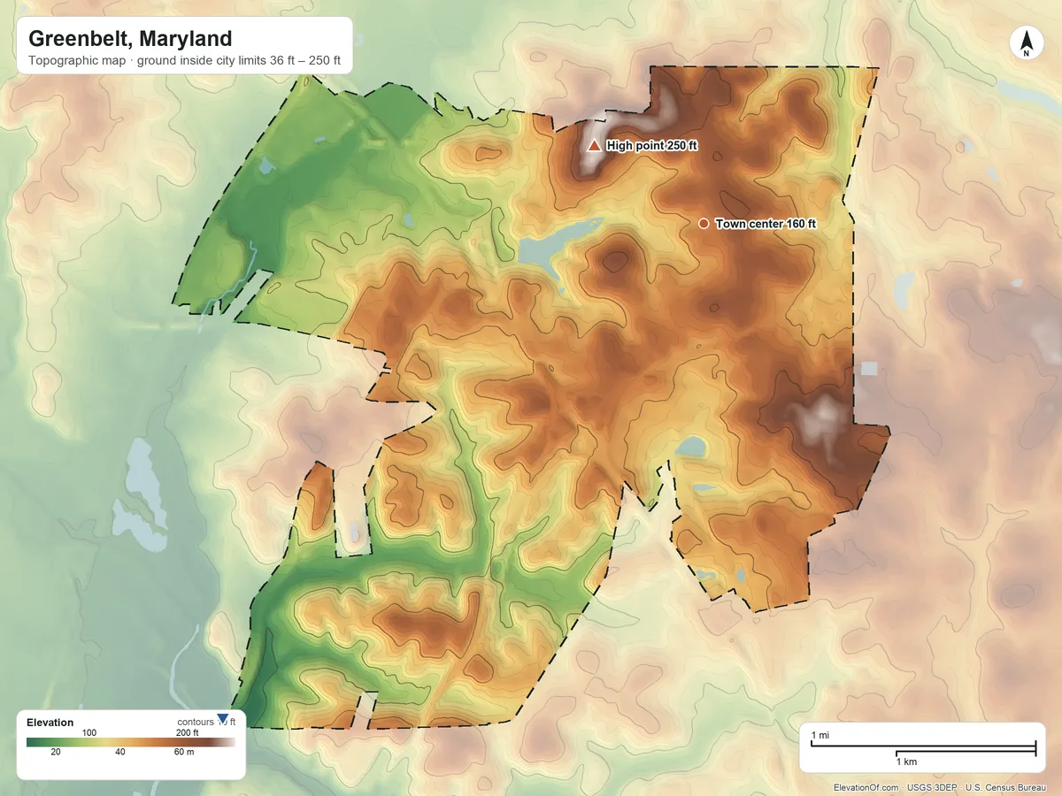 Topographic elevation map of Greenbelt, Maryland, shaded from 36 ft on the southwest side to 250 ft on the northwest side