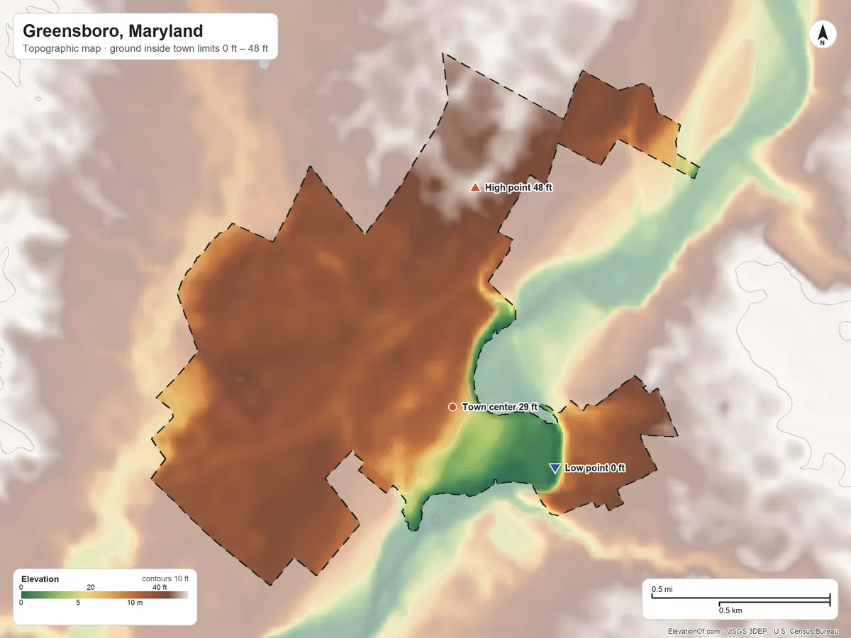 Topographic elevation map of Greensboro, Maryland, shaded from 0 ft on the southeast side to 48 ft on the north side