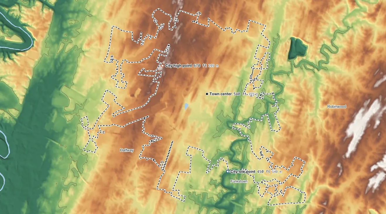 Topographic elevation map of Hagerstown, Maryland, shaded from 450 ft on the south side to 670 ft on the northwest side