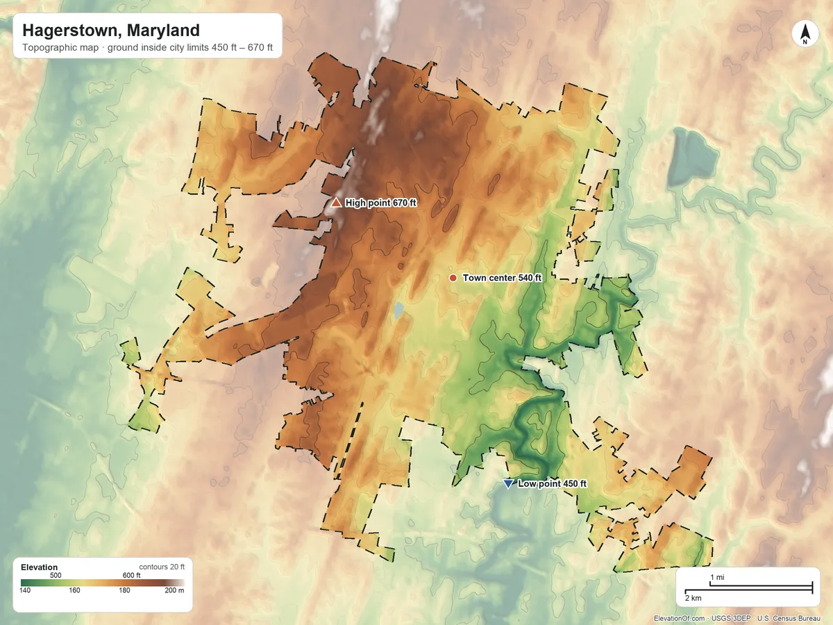 Topographic elevation map of Hagerstown, Maryland, shaded from 450 ft on the south side to 670 ft on the northwest side