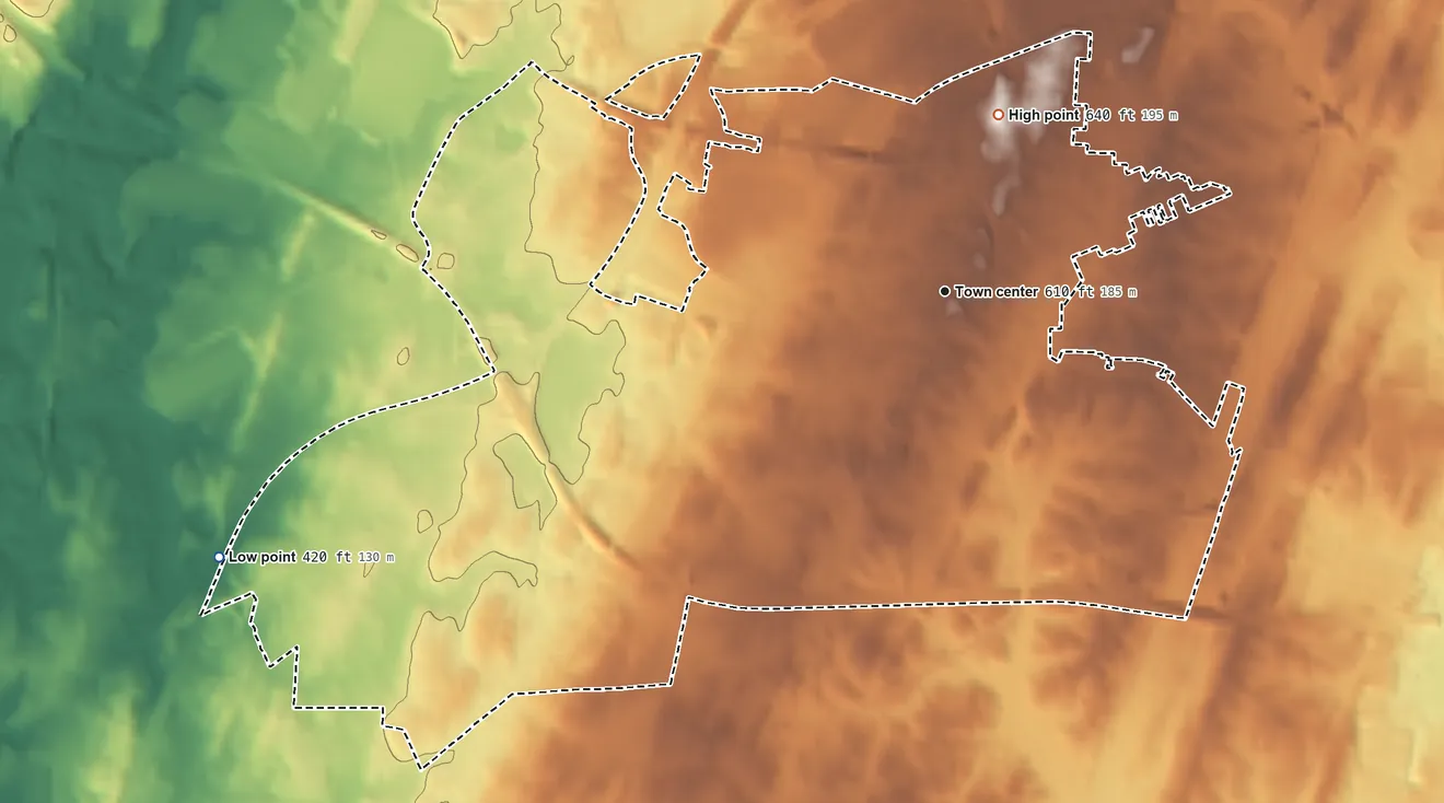 Topographic elevation map of Halfway, Maryland, shaded from 420 ft on the west side to 640 ft on the north side