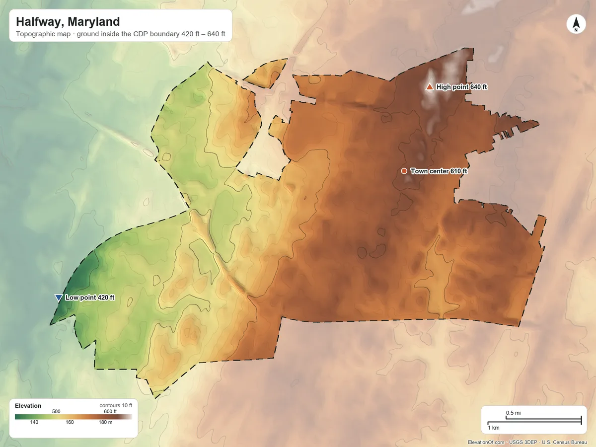 Topographic elevation map of Halfway, Maryland, shaded from 420 ft on the west side to 640 ft on the north side