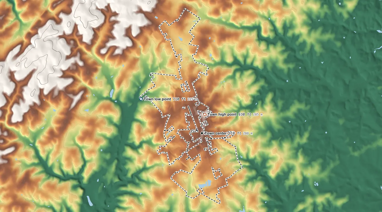 Topographic elevation map of Hampstead, Maryland, shaded from 710 ft on the northwest side to 930 ft near the middle
