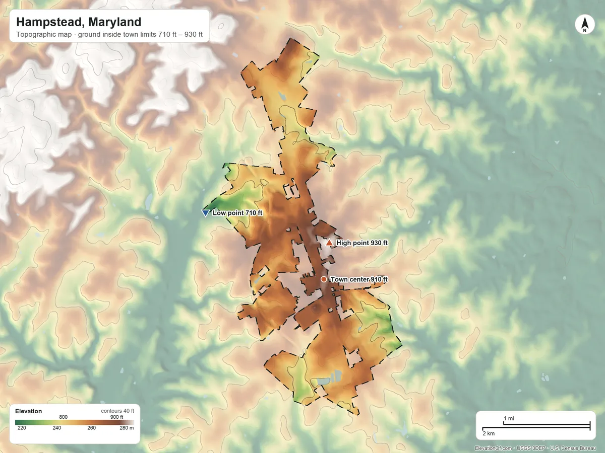 Topographic elevation map of Hampstead, Maryland, shaded from 710 ft on the northwest side to 930 ft near the middle