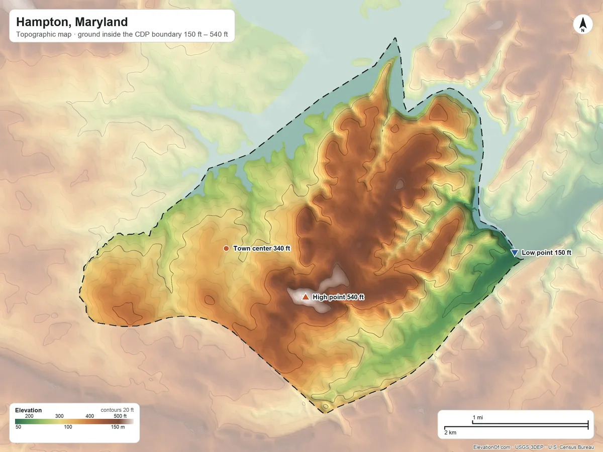 Topographic elevation map of Hampton, Maryland, shaded from 150 ft on the east side to 540 ft on the southeast side