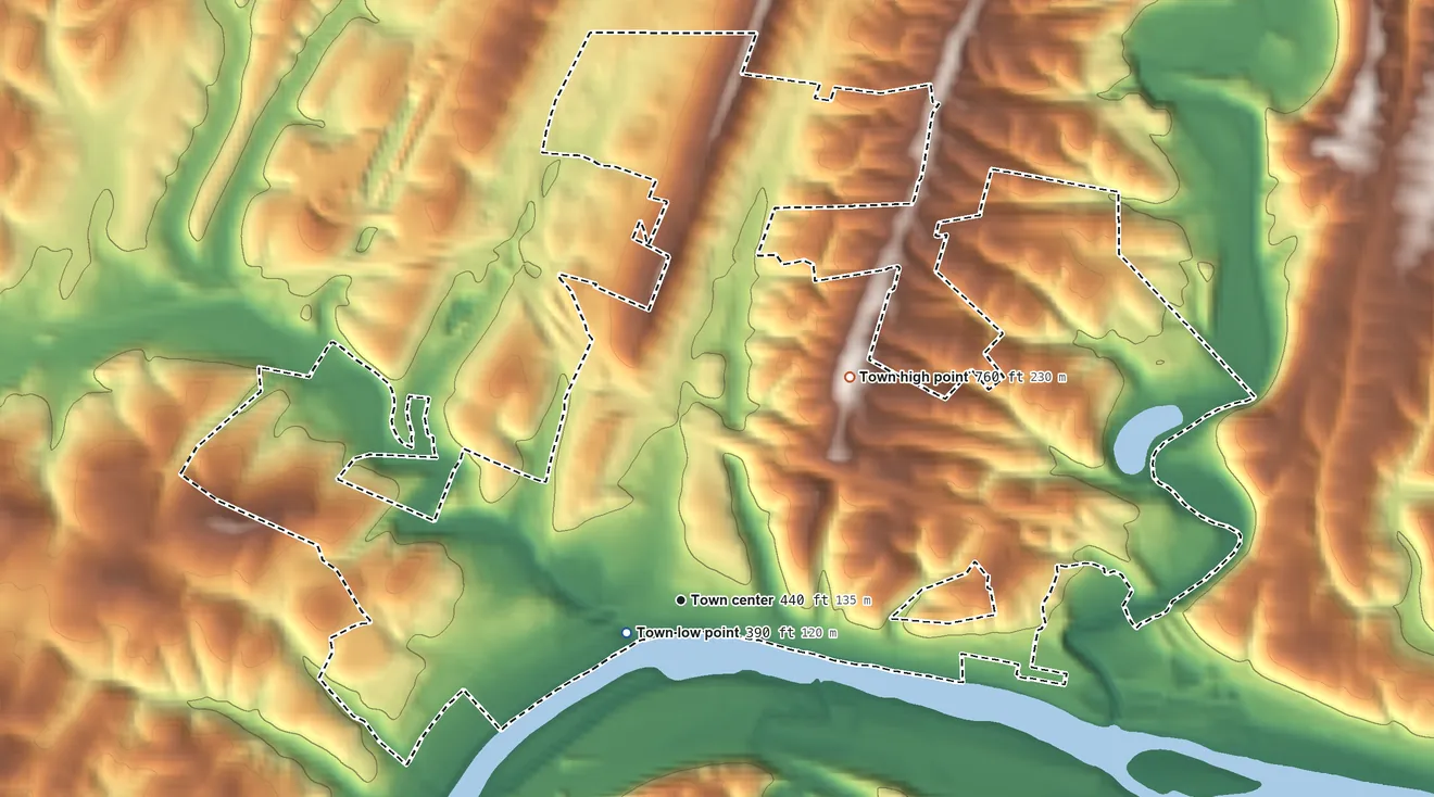 Topographic elevation map of Hancock, Maryland, shaded from 390 ft near the middle to 760 ft on the northeast side