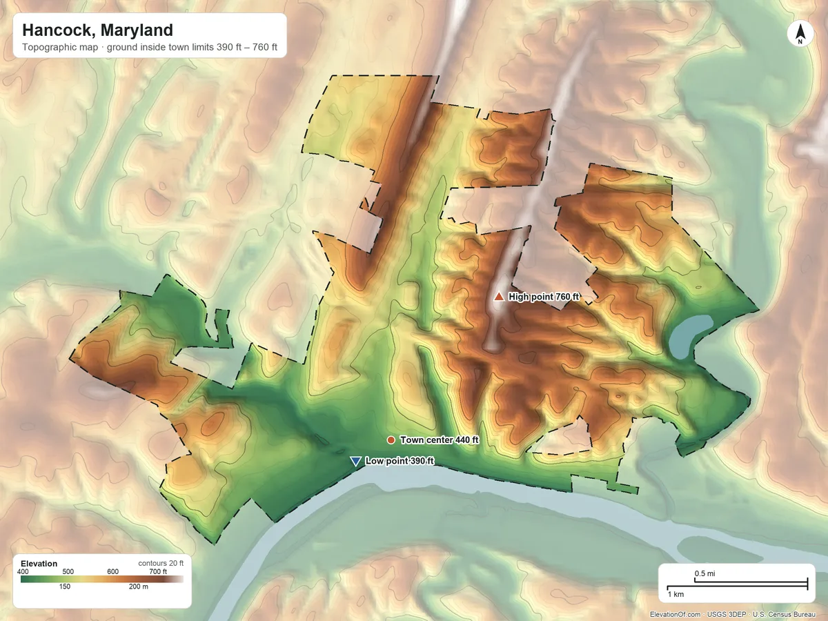 Topographic elevation map of Hancock, Maryland, shaded from 390 ft near the middle to 760 ft on the northeast side