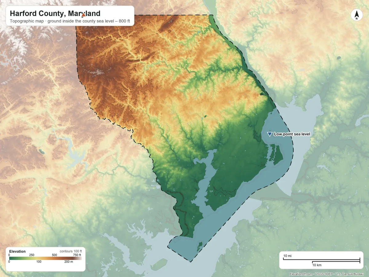 Topographic elevation map of Harford County, Maryland, shaded from sea level on Chesapeake Bay to 800 ft on the northwest side