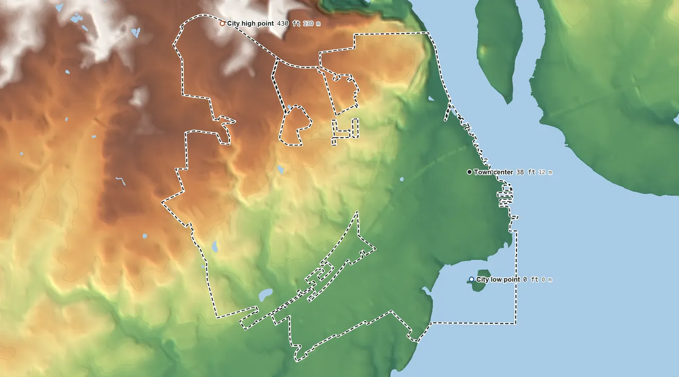 Topographic elevation map of Havre de Grace, Maryland, shaded from sea level level on Chesapeake Bay to 430 ft on the northwest edge, below higher ground just outside