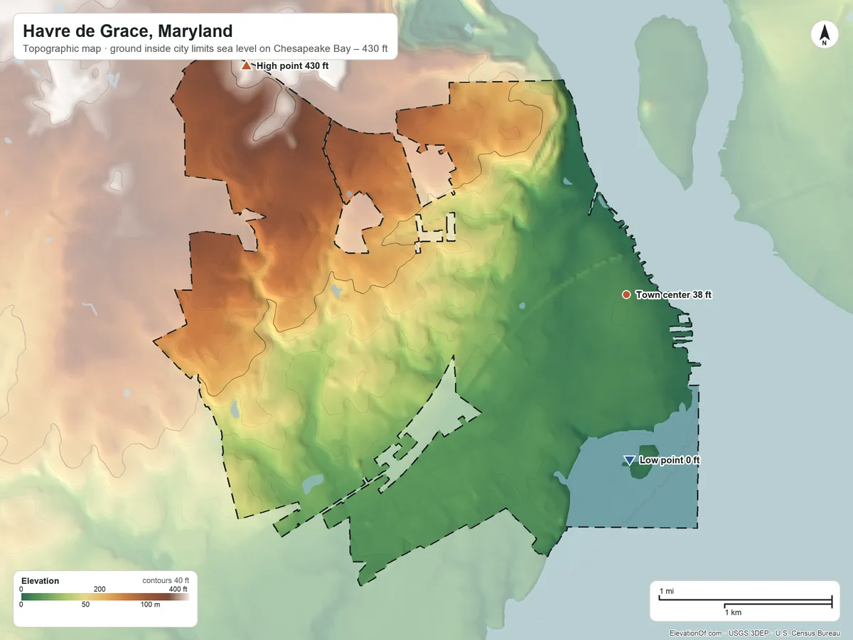 Topographic elevation map of Havre de Grace, Maryland, shaded from sea level level on Chesapeake Bay to 430 ft on the northwest edge, below higher ground just outside