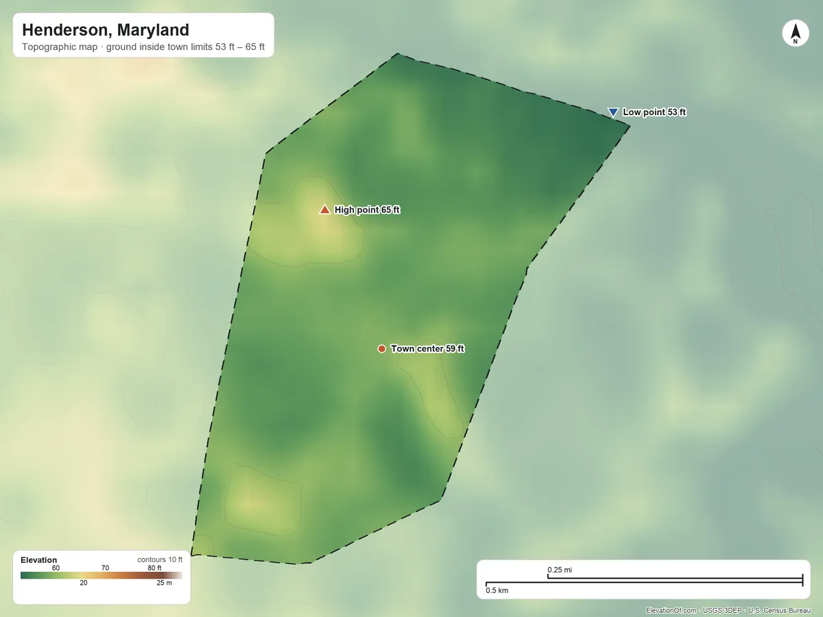 Topographic elevation map of Henderson, Maryland, shaded from 53 ft on the northeast side to 65 ft on the north side