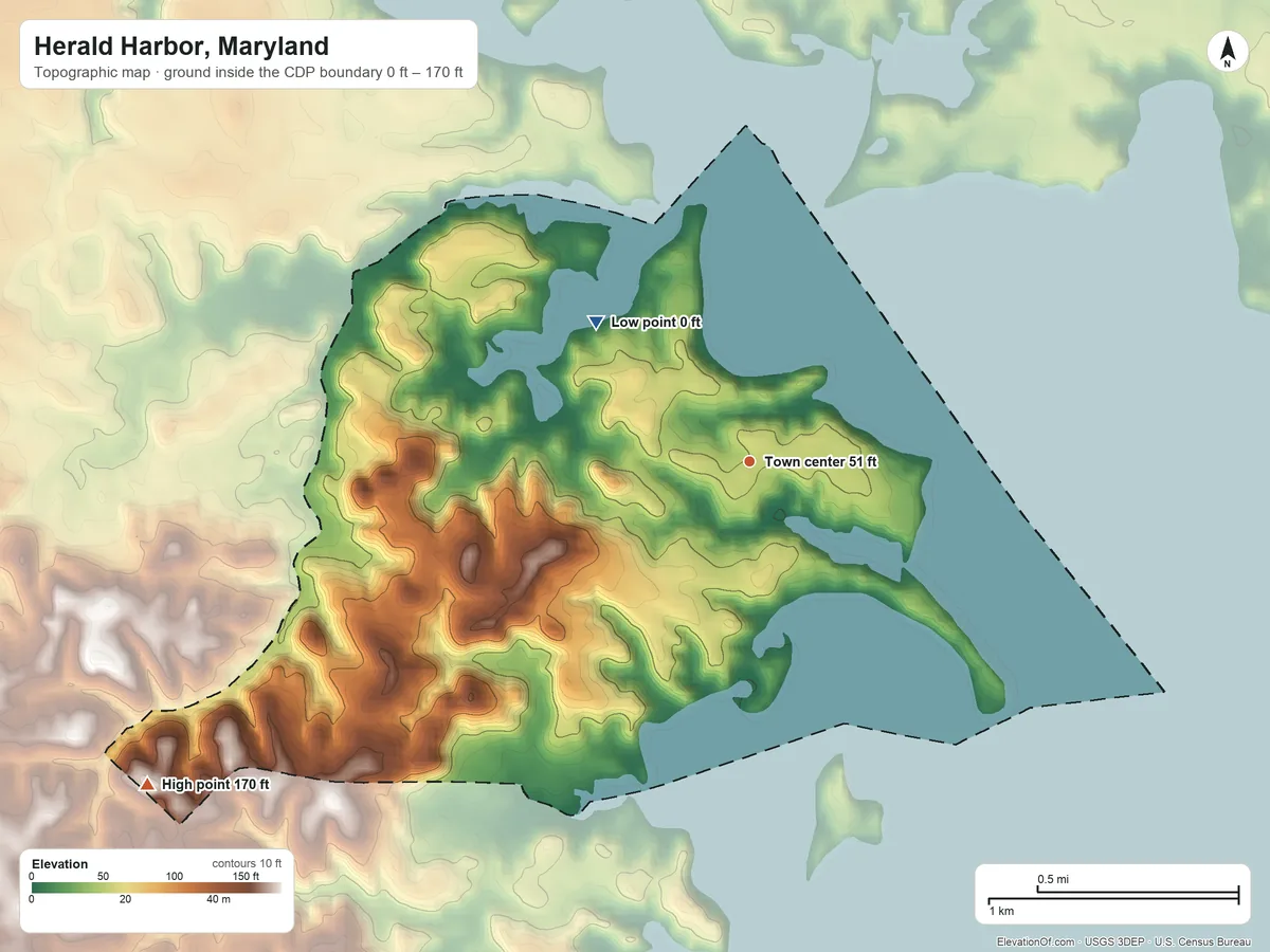 Topographic elevation map of Herald Harbor, Maryland, shaded from 0 ft on the northwest side to 170 ft on the southwest side
