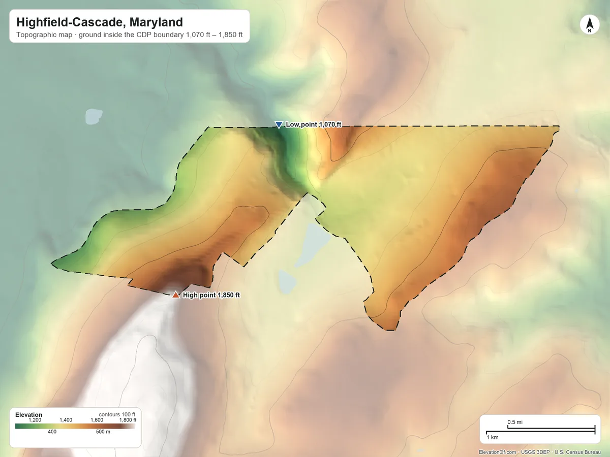 Topographic elevation map of Highfield-Cascade, Maryland, shaded from 1,070 ft on the northwest side to 1,850 ft on the southwest side
