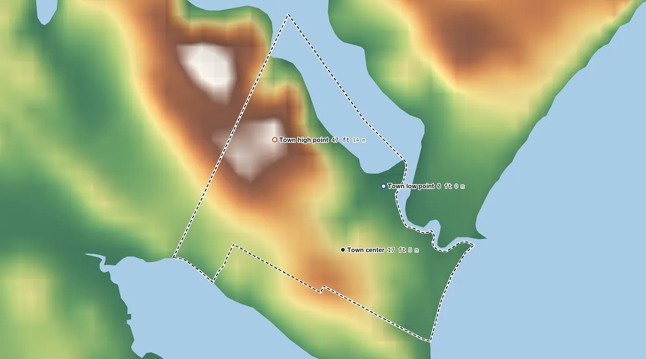 Topographic elevation map of Highland Beach, Maryland, shaded from sea level level on Cherrytree Cove to 47 ft on the northwest side