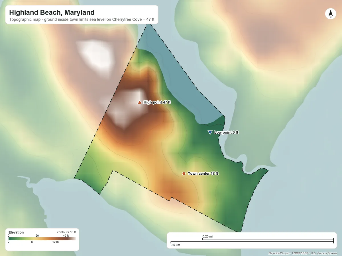 Topographic elevation map of Highland Beach, Maryland, shaded from sea level level on Cherrytree Cove to 47 ft on the northwest side