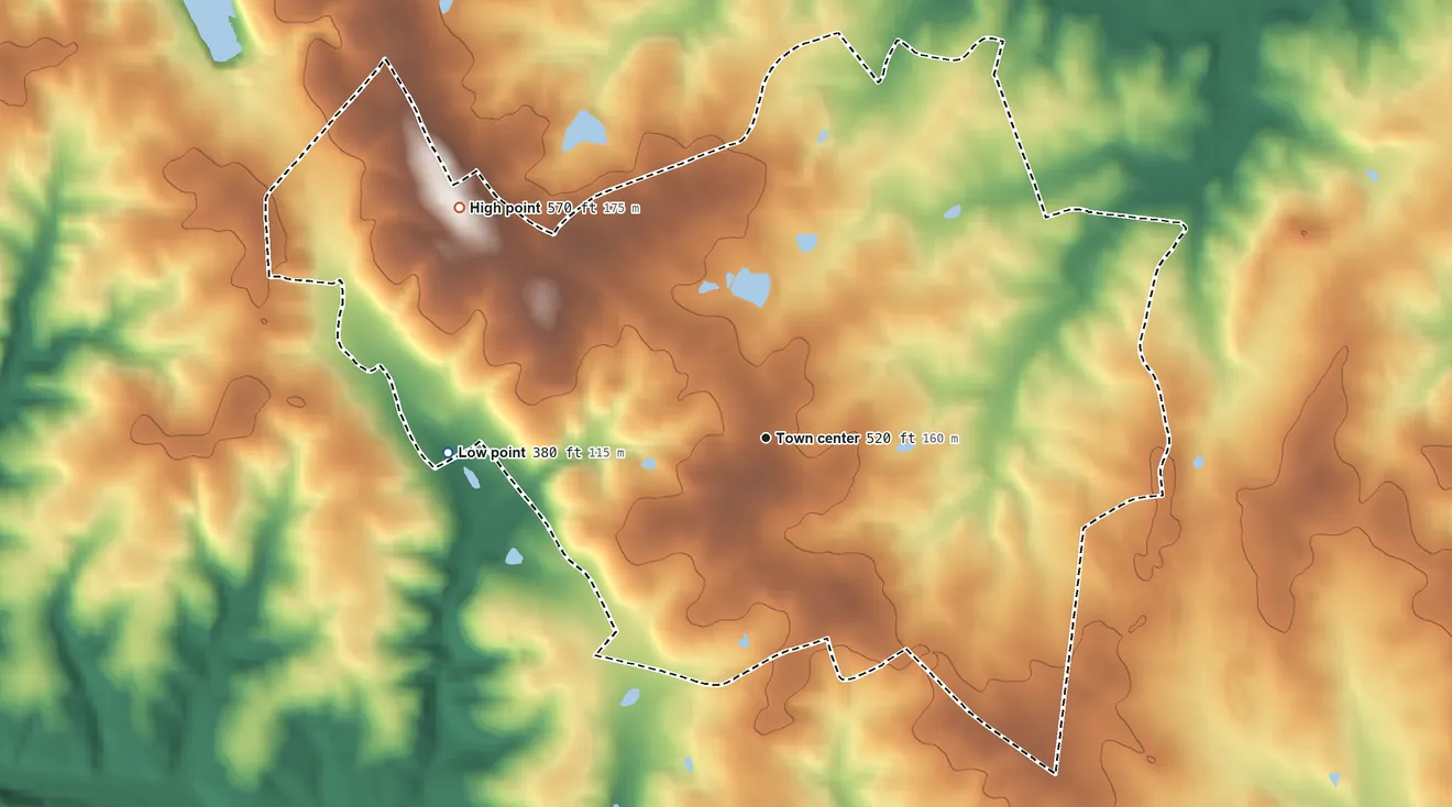 Topographic elevation map of Highland, Maryland, shaded from 380 ft on the west side to 570 ft on the northwest side
