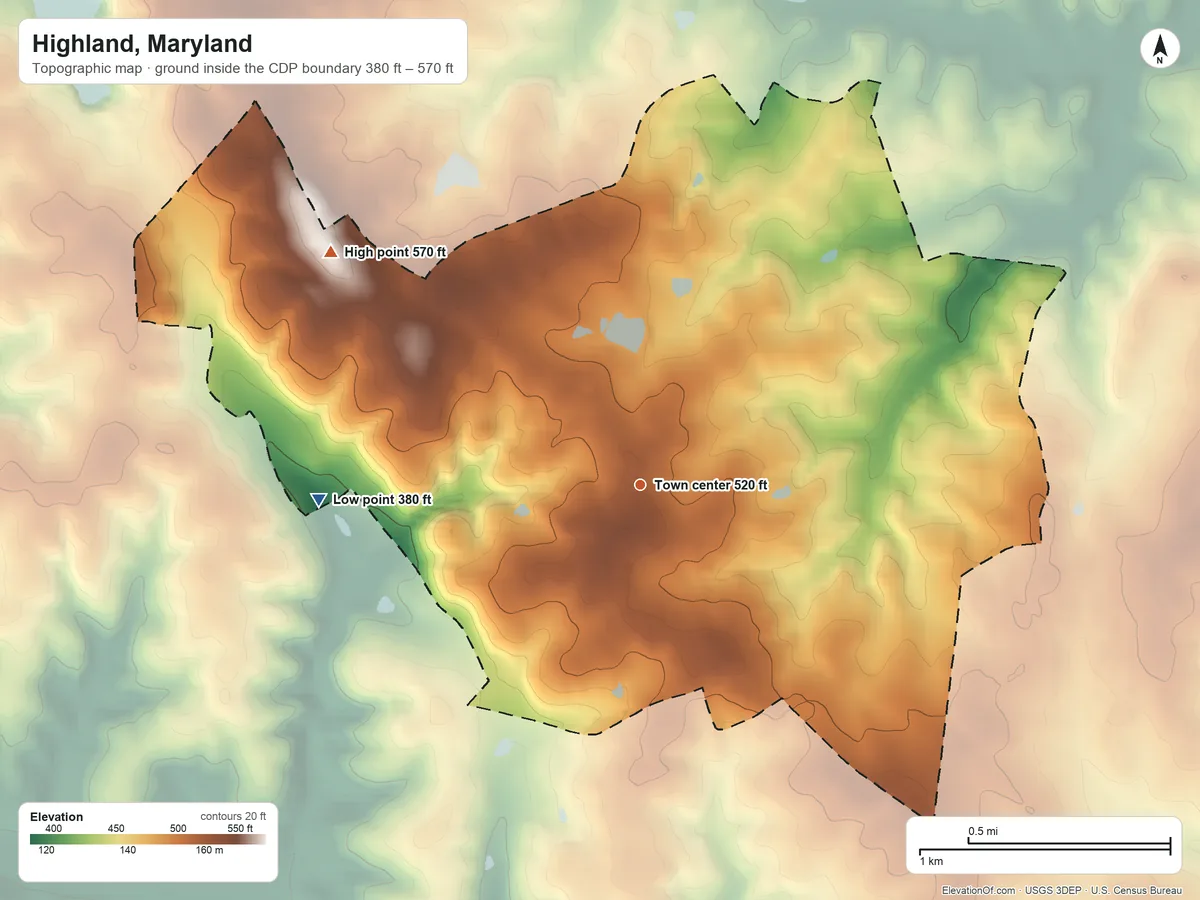 Topographic elevation map of Highland, Maryland, shaded from 380 ft on the west side to 570 ft on the northwest side
