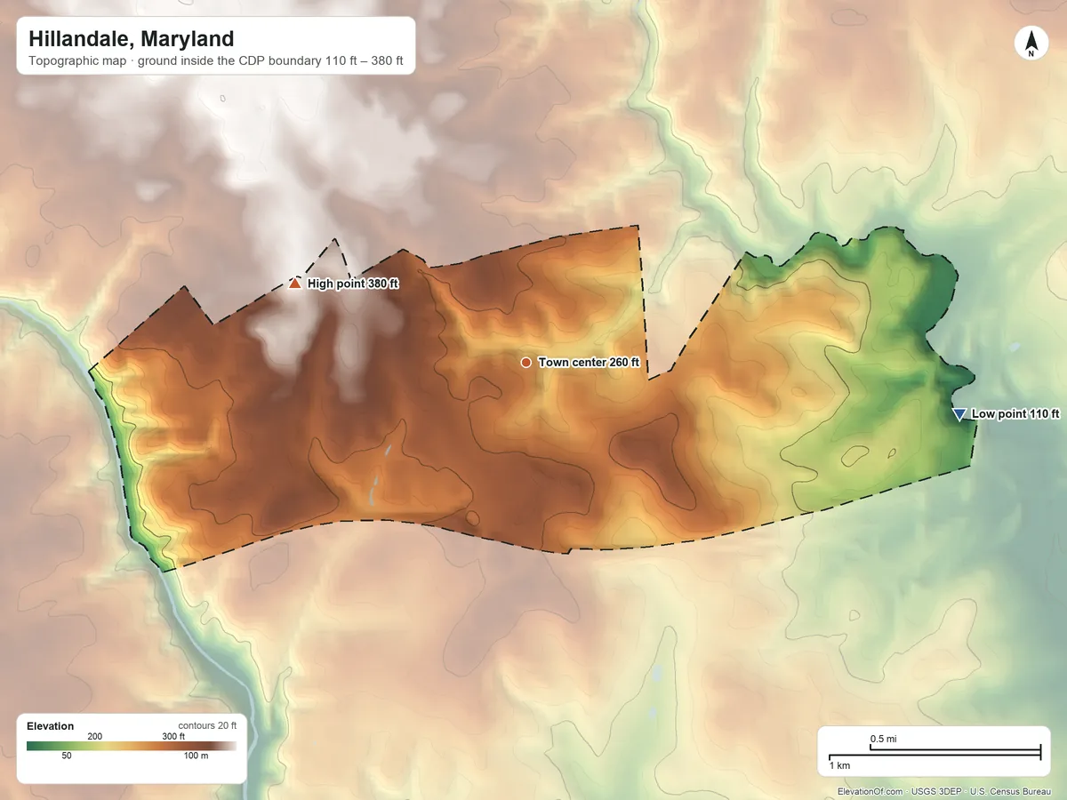 Topographic elevation map of Hillandale, Maryland, shaded from 110 ft on the east side to 380 ft on the west side