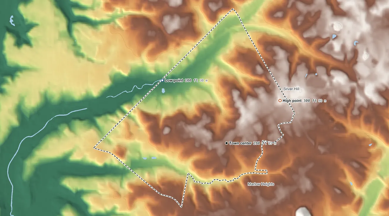 Topographic elevation map of Hillcrest Heights, Maryland, shaded from 100 ft on the northwest side to 300 ft on the northeast side