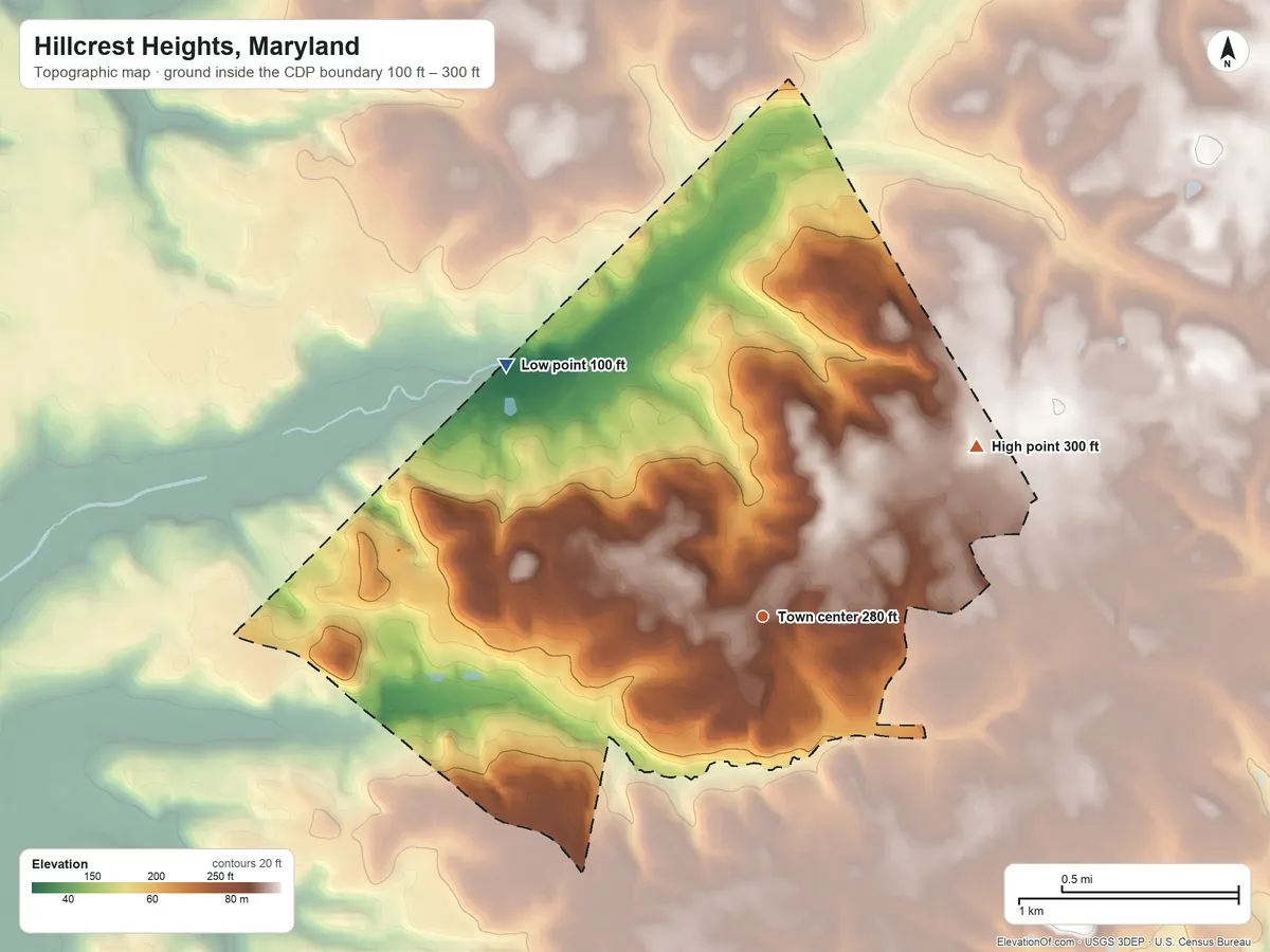 Topographic elevation map of Hillcrest Heights, Maryland, shaded from 100 ft on the northwest side to 300 ft on the northeast side