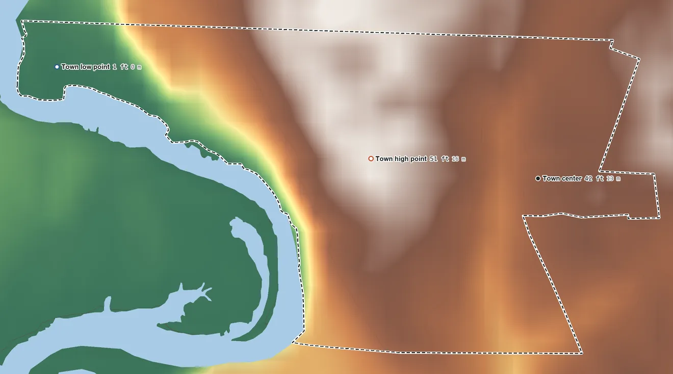 Topographic elevation map of Hillsboro, Maryland, shaded from 1 ft on the west side to 51 ft on the west side