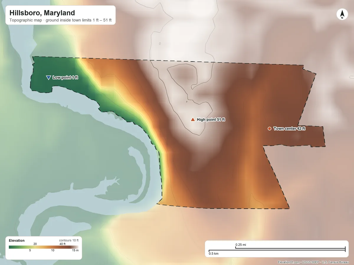 Topographic elevation map of Hillsboro, Maryland, shaded from 1 ft on the west side to 51 ft on the west side
