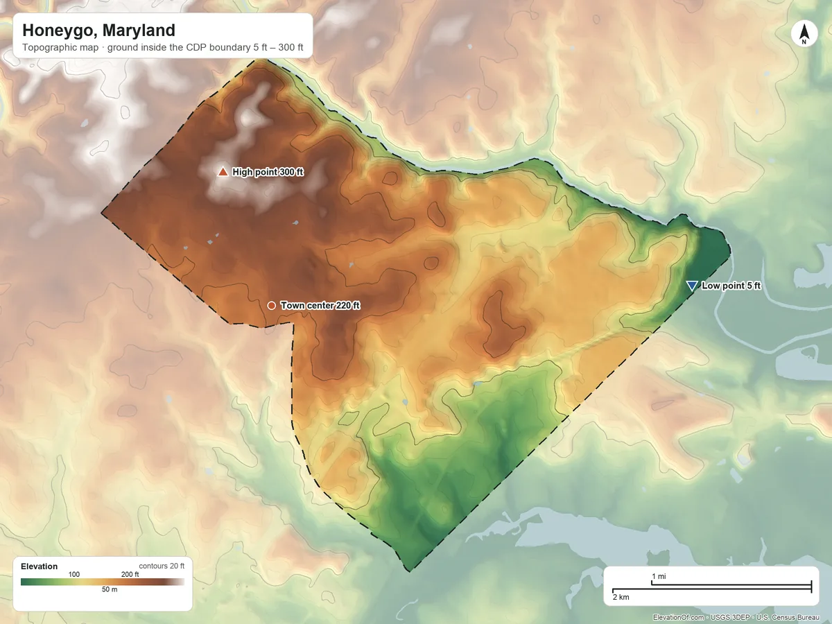 Topographic elevation map of Honeygo, Maryland, shaded from 5 ft on the east side to 300 ft on the north side