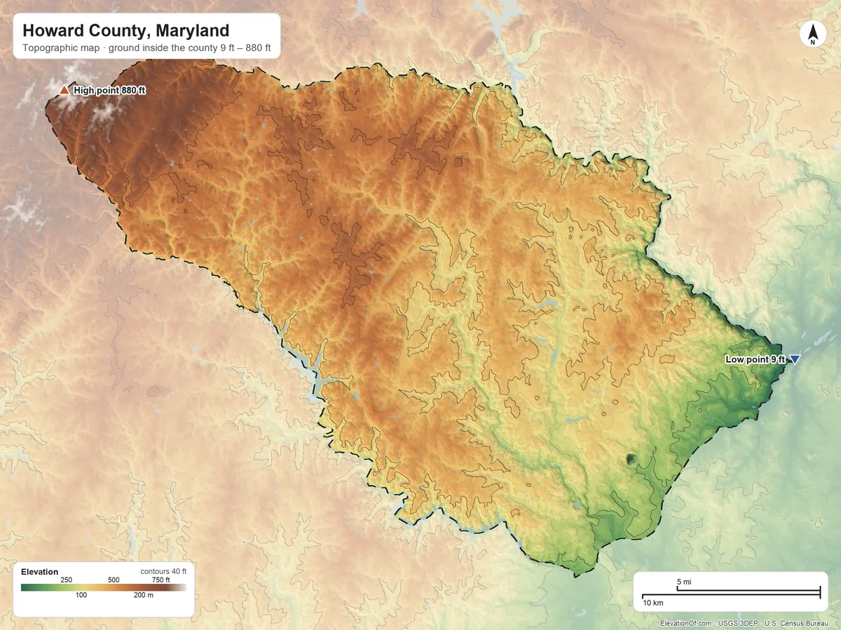 Topographic elevation map of Howard County, Maryland, shaded from 9 ft on the east side to 880 ft on the northwest side