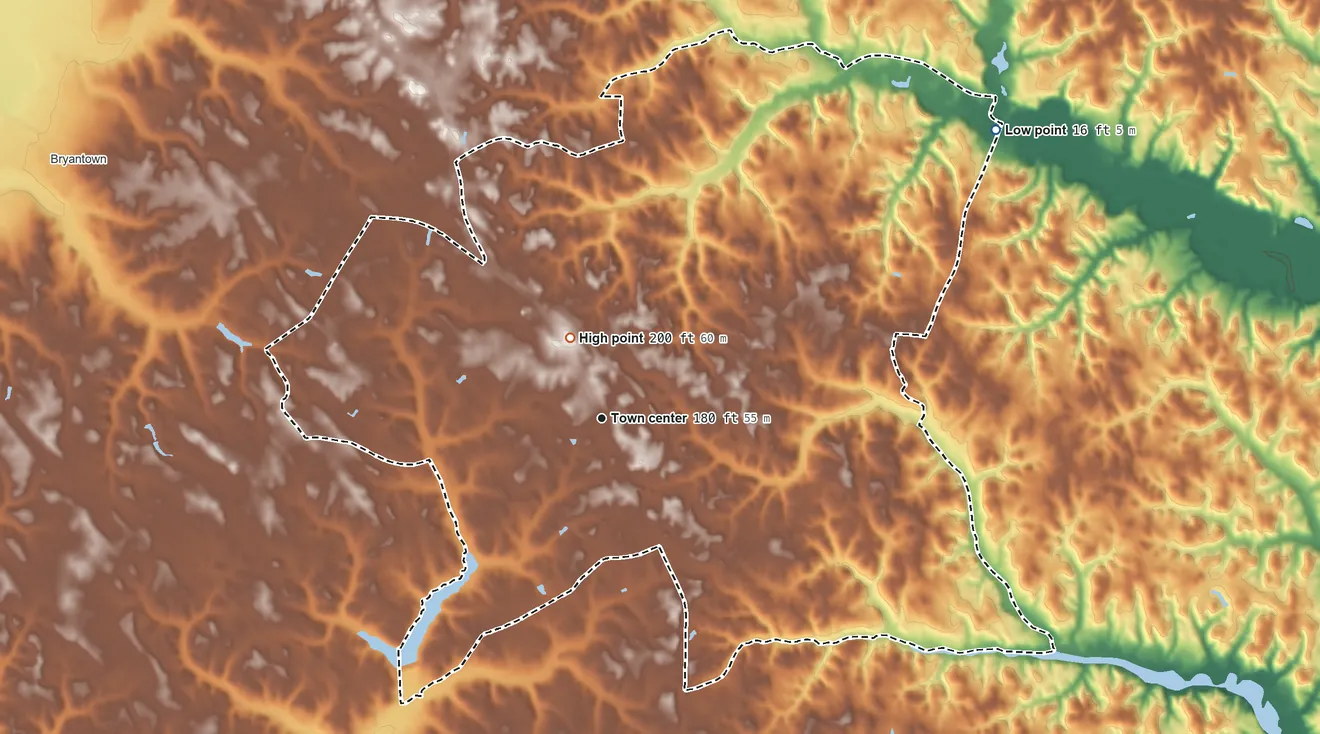 Topographic elevation map of Hughesville, Maryland, shaded from 16 ft on the northeast side to 200 ft near the middle