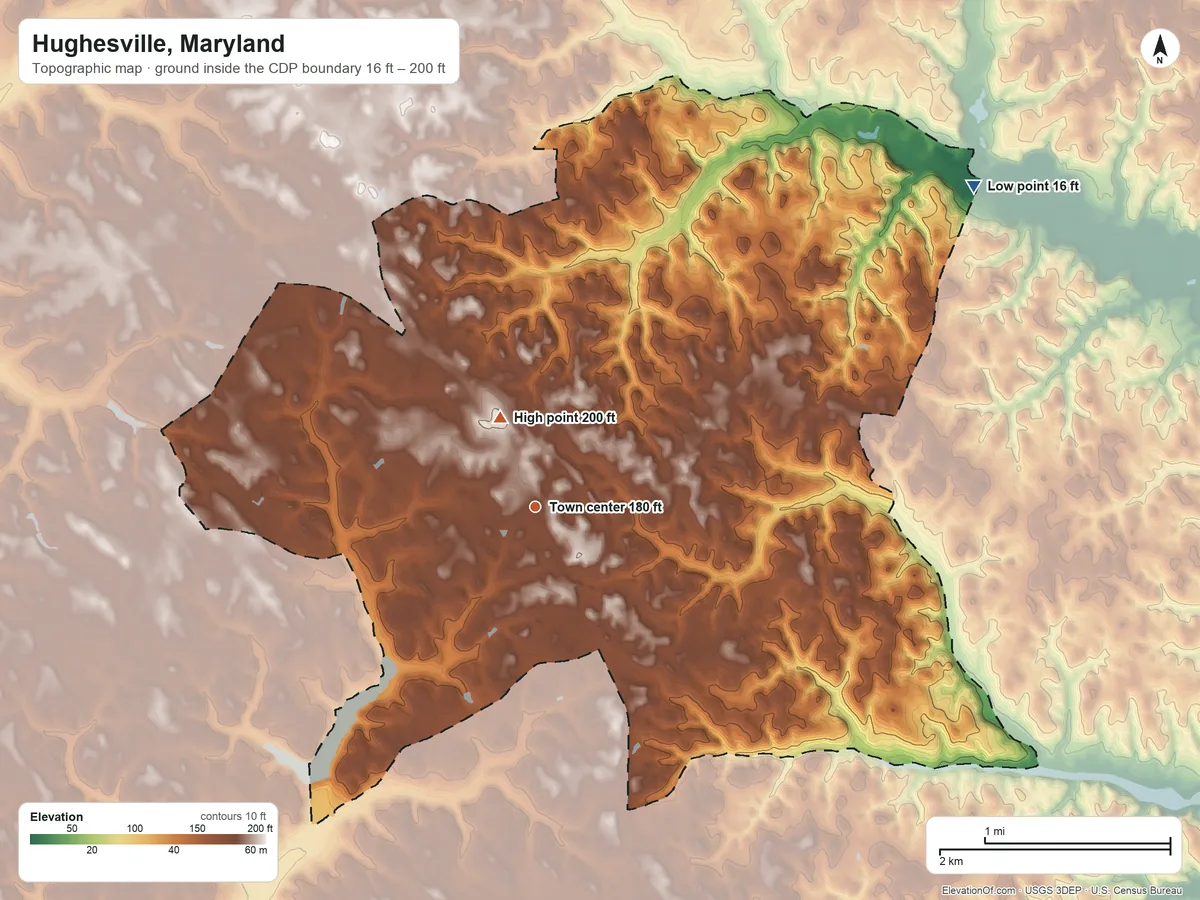 Topographic elevation map of Hughesville, Maryland, shaded from 16 ft on the northeast side to 200 ft near the middle