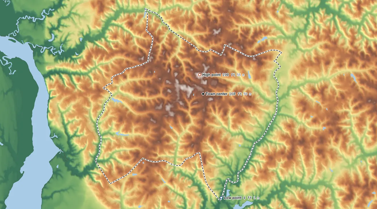 Topographic elevation map of Huntingtown, Maryland, shaded from 4 ft on the south side to 190 ft near the middle