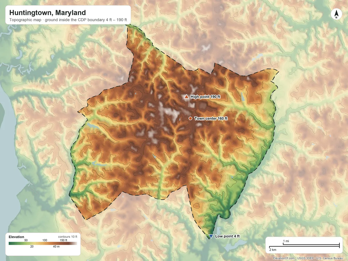 Topographic elevation map of Huntingtown, Maryland, shaded from 4 ft on the south side to 190 ft near the middle