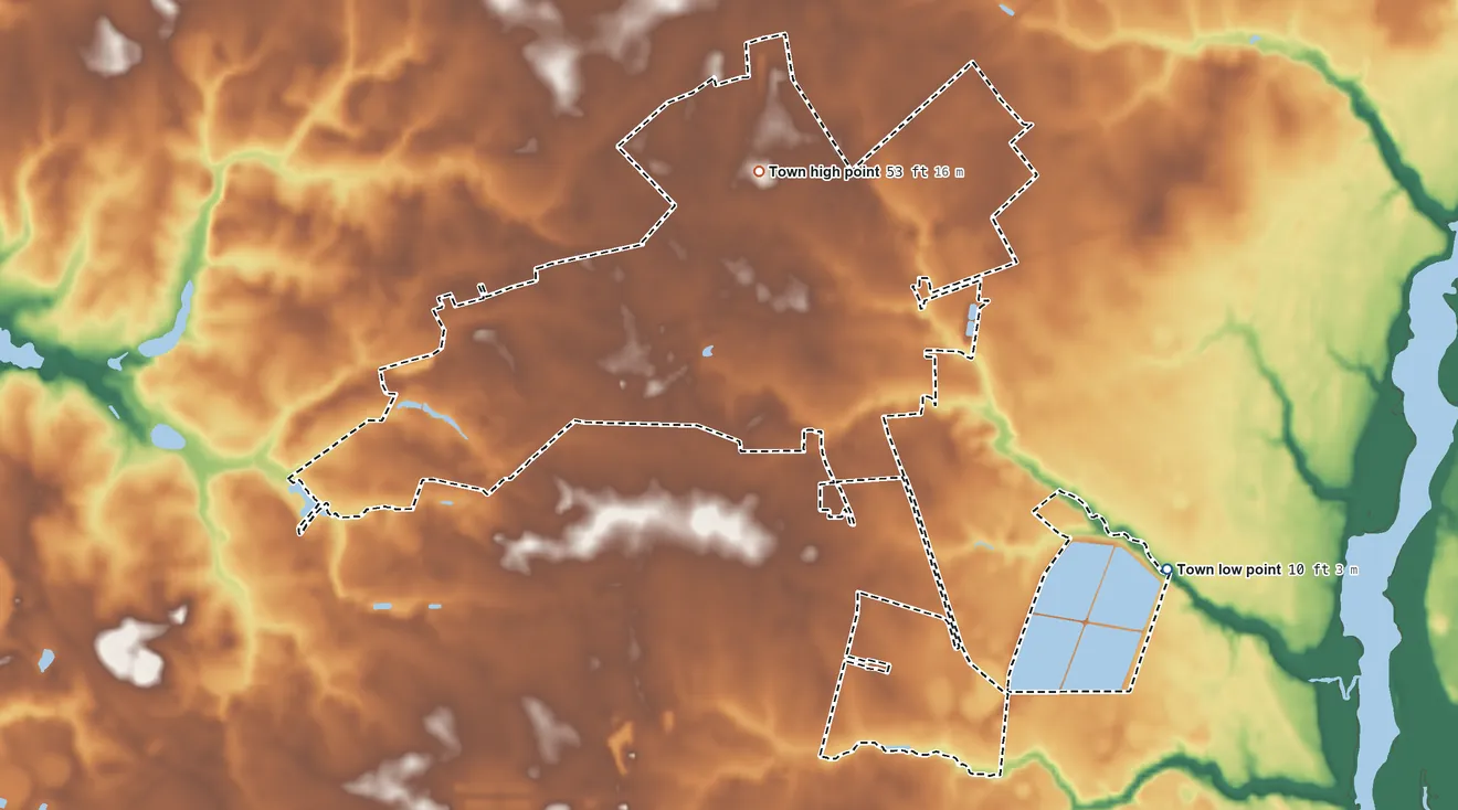 Topographic elevation map of Hurlock, Maryland, shaded from 10 ft on the southeast side to 53 ft on the northwest side